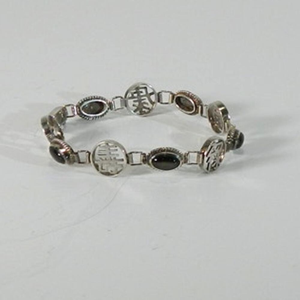 Asian Themed Link Sterling Silver Bracelet with symbols and Onyx